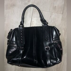 Black Studded Patent Satchel Bag